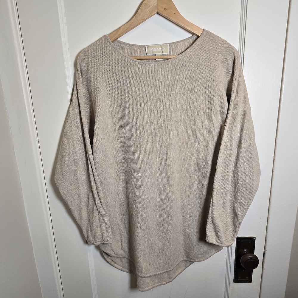 Michael Kors Large Cotton Cream Beige Waffle Knit Crew Neck Sweater Euc